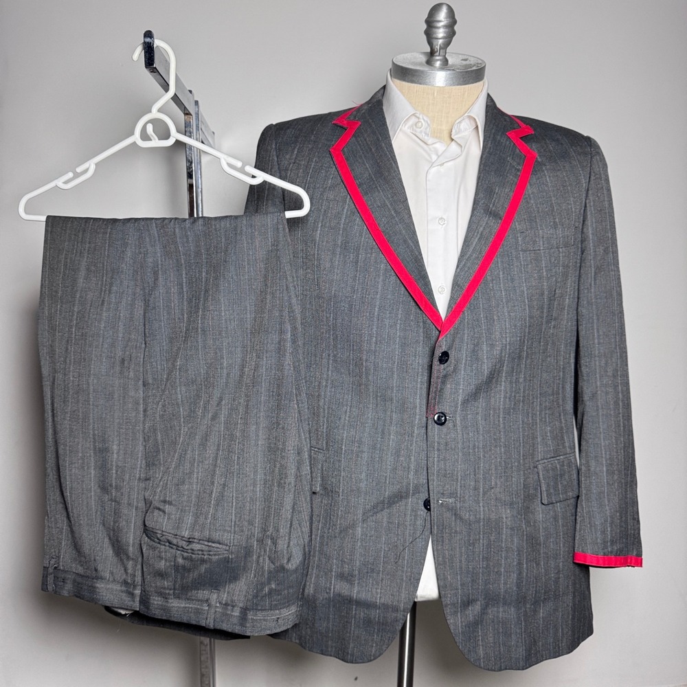 Sansabelt Suit Mens 46L 36W Gray Pinstripe Red Trim Custom Stage Vintage Costume